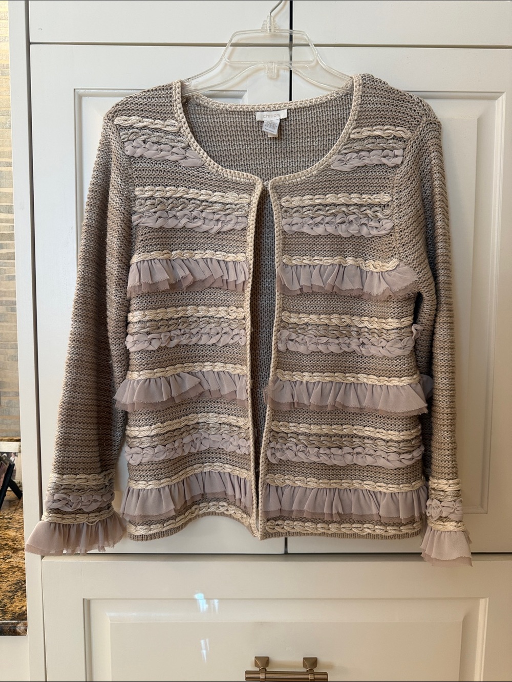 Chico's Taupe Ruffle-Trim Knit Cardigan
